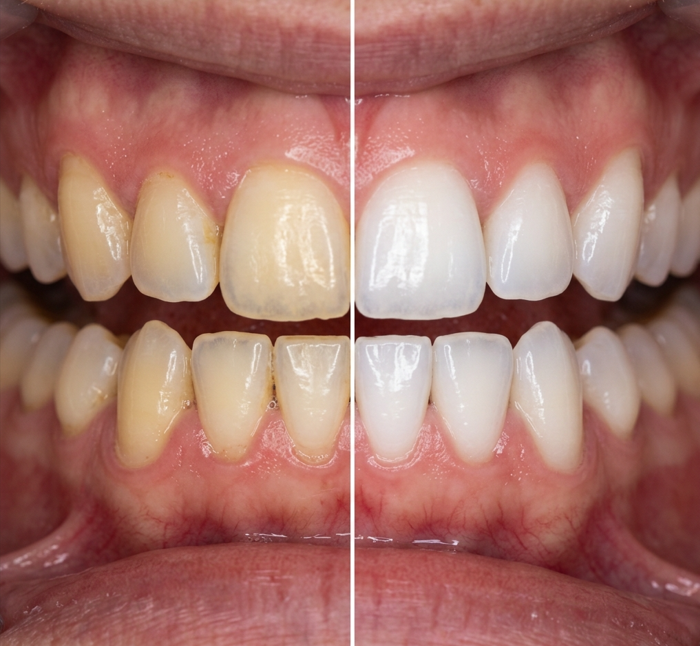 Antes e depois de clareamento dental